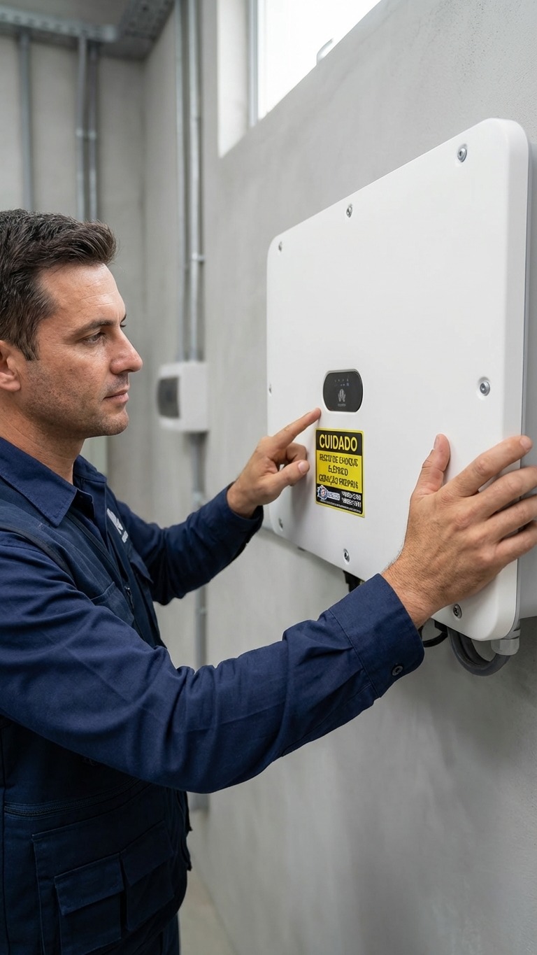 Técnico instalando inversor solar